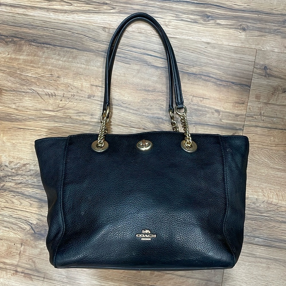 Coach Black Leather Turnlock Chain Tote